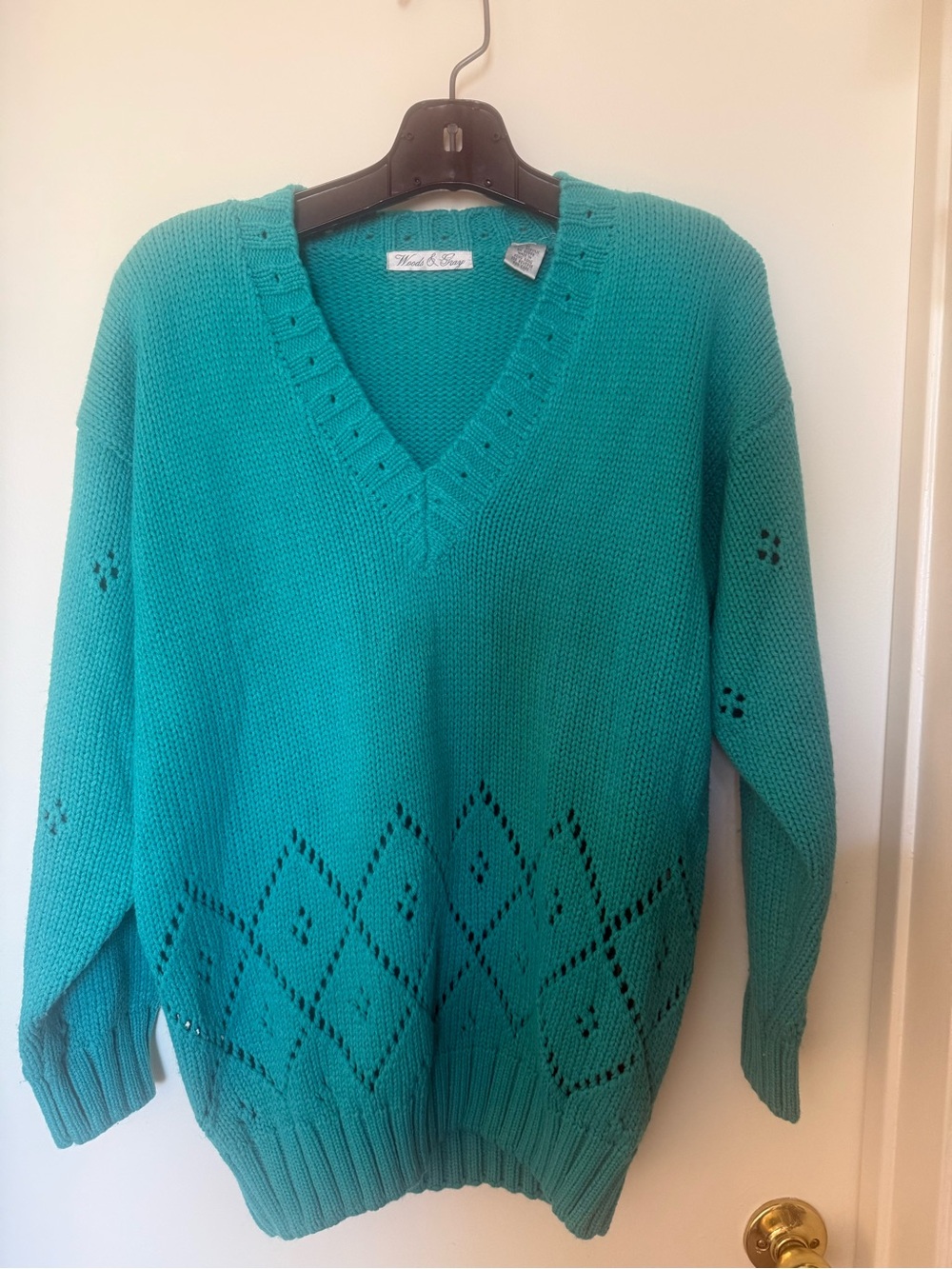 Vintage Woods & Gray Teal Pointelle V-Neck Sweater Shoulder Pads Size M